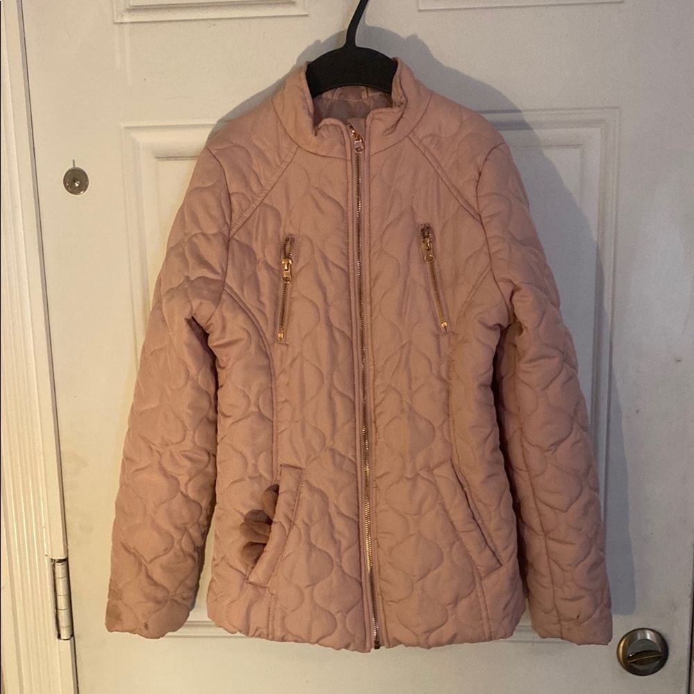 SO Pink Puffer Jacket with Quilted Design and Stand-Up Collar